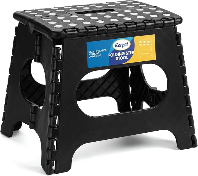 Korpai 11" Folding Step Stool for Adults and Kids Holds Up to 300 lbs,Non-Slip Folding Stools with Portable Handle, Compact Plastic Foldable Step Stool for Bathroom,Bedroom, Kitchen Black, 1PC