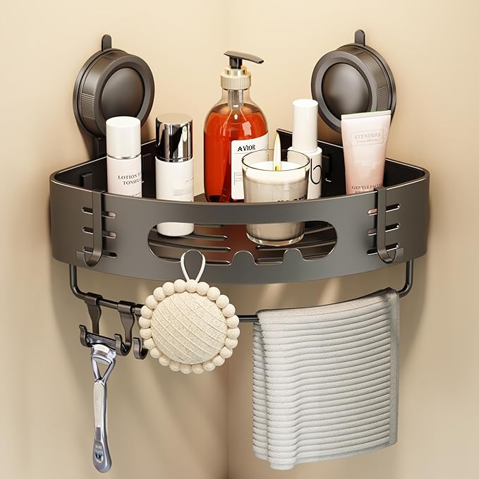 Voldra Corner Shower Caddy Suction Cup, Aluminum Corner Shower Shelves for Wall No Drilling, Large Suction Cup Shower Organizer with Towel Bar & Hooks Removable Bathroom Storage Rack(1 Pack-Gray)