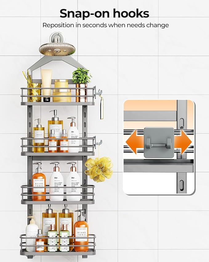ODesign 4 Tier Height-Adjustable Shower Caddy Hanging Anti-Swing-Over The Shower Head Caddy-Showers Storage Organizer Bathroom Shelves Basket Showers Caddies-Grey