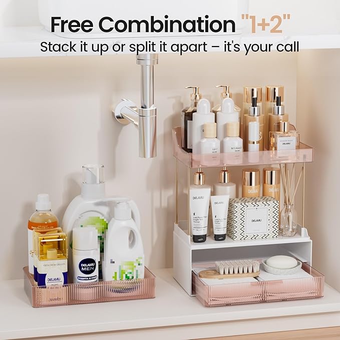 Delamu Bathroom Organizers and Storage, 2 Tier 2 Drawer Makeup Organizer Countertop, Easy to Install, Ideal for Bathroom Counter, Vanity, Ideal Gifts for Women Girls, Grapefruit