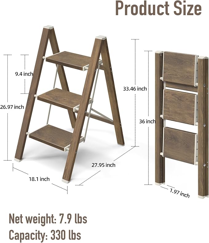 Mayi Plus 3 Step Ladder,Aluminum Folding Step Stool for Adults,Step Ladder with Wide Anti-Slip Pedal,330 lbs Capacity for Home,Kitchen,Library,Office(Cherry Woodgrain)