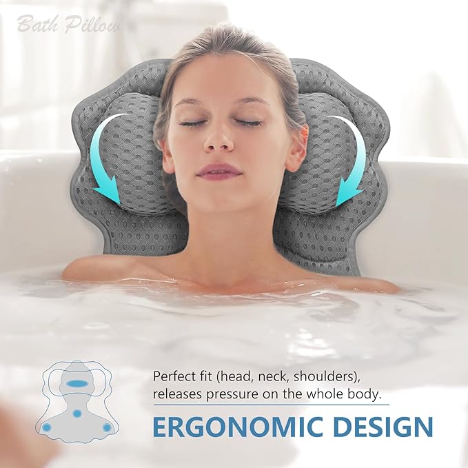 SetSail Bath Pillow, Relaxing Bath Pillows for Tub Neck and Back Support Soft 4D Breathable Air Mesh Ergonomic Bathtub Pillow with 6 Strong Suction Cups and Hook Luxury Bathroom Accessories,Grey