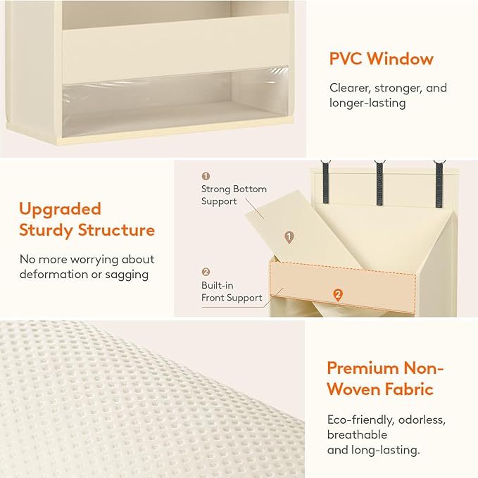 Lifewit 1 Pack Over the Door Organizer, Clear Window Hanging Storage with 4 Side Pockets, Anti Tilt 40 lbs Load Behind Door for Pantry, Nursery, Bathroom, Bedroom, Dorm, 5 Section, Beige