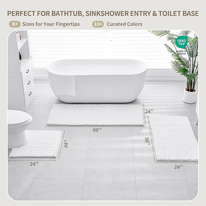 Bathroom Rugs Non Slip Washable 36x24, Extra Thick Soft Chenille Absorbent Bath Mat, High Density Barrier Non Slip Backing, Quick Dry Plush Shaggy Floor Carpet for Tub&Shower, White