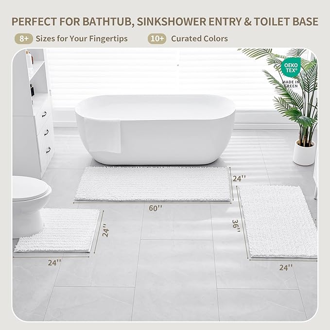 Bathroom Rugs Non Slip Washable, Extra Thick Soft Chenille Absorbent Bath Mat, High Density Barrier Non Slip Backing, Quick Dry Plush Shaggy Floor Carpet for Tub&Shower 24x17, White
