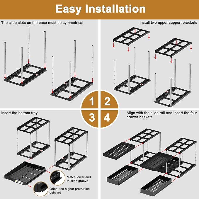 NIUXX Expandable Under Sink Organizer: 2 Tier Height Adjustable Under Cabinet Organizer - Double Pull Out Shelf Under Sink Storage for Kitchen - Bathroom and Laundry Room - Space Saving