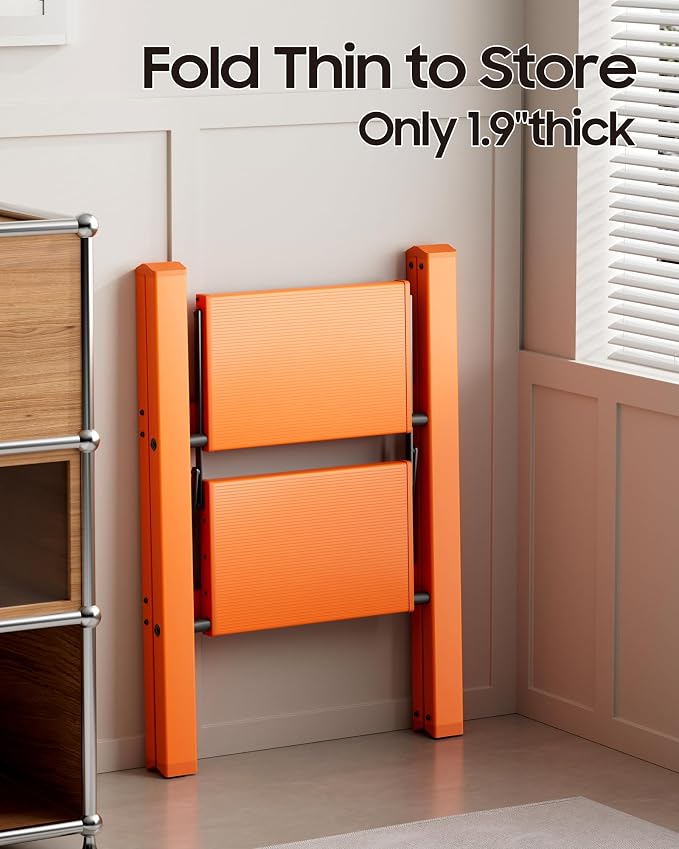 HillhutApex 2 Step Ladder, Lightweight Portable 2 Step Stool with Anti-Slip Wide Pedal, 330lbs Capacity Aluminum Ladder for Household,Office,Library(Orange)
