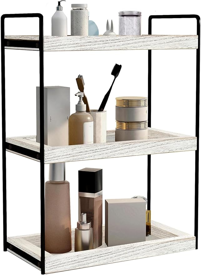 Dorhors 3 Tier Bathroom Counter Organizer,Countertop Bathroom Storage Shelf,Counter Tray and Vanity Organizer (Rustic White)