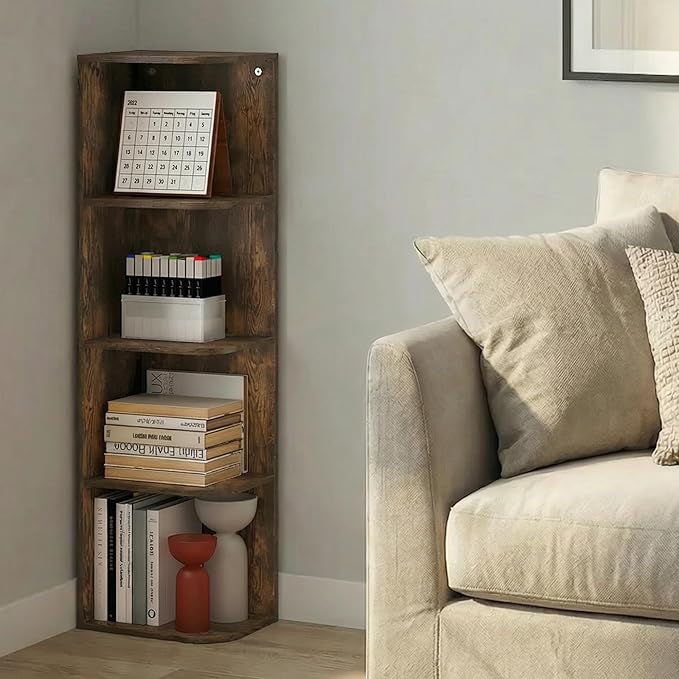 Furinno PASIR Book Shelf, 4-Tier Corner Bookshelf with Open Shelf, Standing Bookcase, 9.3 x 12 x 41.4, for Organization and Storage, for Living Room, Bedroom, Home Office, Amber Pine