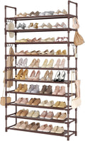 LANTEFUL Tall Shoe Rack 10 Tier Shoe Organizer Large Shoe Shelf with 18 Hooks Storage for 50 Pair Sneaker and Boot, Stackable Vertical Shoe Rack Organizer for Closet, Entryway, Bedroom, Brown