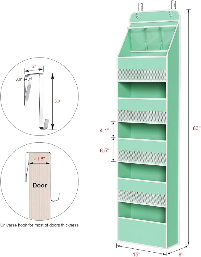 Univivi 6-Shelf Over Door Hanging Organizer Fabric Baby Door Storage with 5 Large Pockets and 3 Small PVC Pockets Wall Mount Hanging Storage Organizers for Baby Essential (Green)
