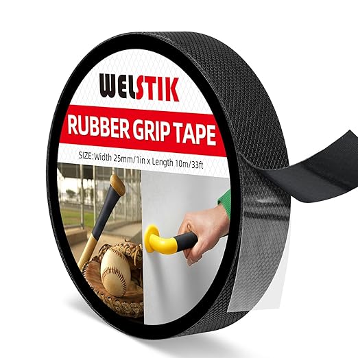 WELSTIK Rubber Grip Tape - Ultra Strong Sweat Absorbent Non-Slip Tape with Textured Adhesive - 1" x 33ft Heavy Duty Friction Tape for Tool Handles, Gym Gear, Stairs & DIY Gadgets (Black)