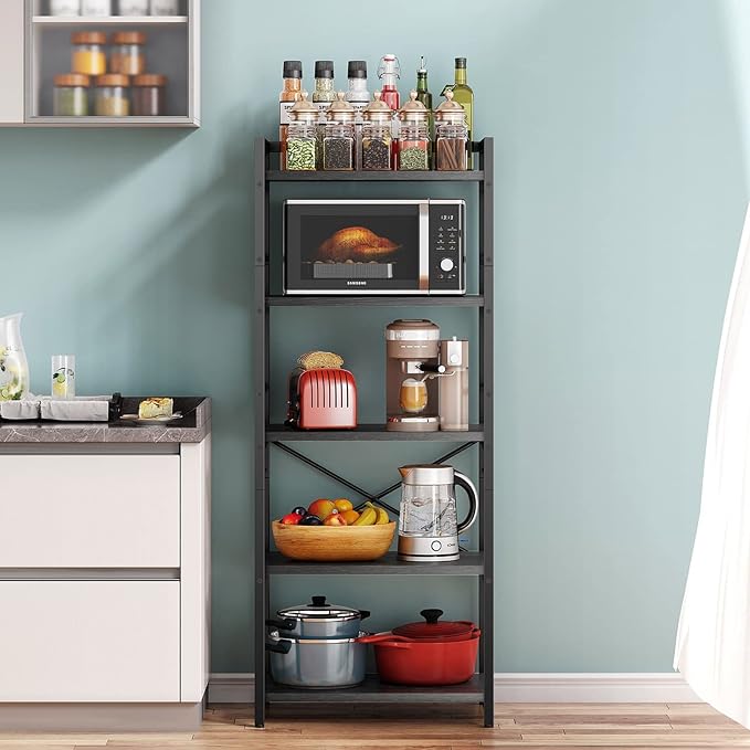 Denkee 5-Tier Bakers Rack for Kitchen with Storage, Industrial Microwave Stand Shelf, Coffee Bar for Small Spaces, Free Standing Kitchen Storage Shelf Rack, 23.62" L x 15.75" W x 60.24" H, Black