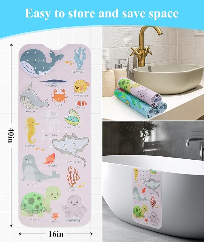 Secopad Bath Mat for Tub Non Slip, Machine Washable Anti-Slip Cartoon Baby Bathtub Shower Mat with Drain Holes and Suction Cups for Toddler & Kids, 40 Inch x 16 Inch, Pink Sea Animals