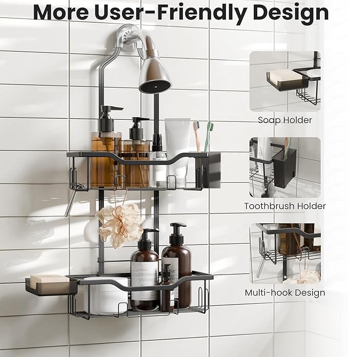 Shower Caddy Hanging 2-Tier Shower Organizer for Tall Showerhead,Rustproof Over Shower Head Rack,No Drill Bathroom Shower Caddy with Soap Dish,Toothbrush Holder and Hooks, Black