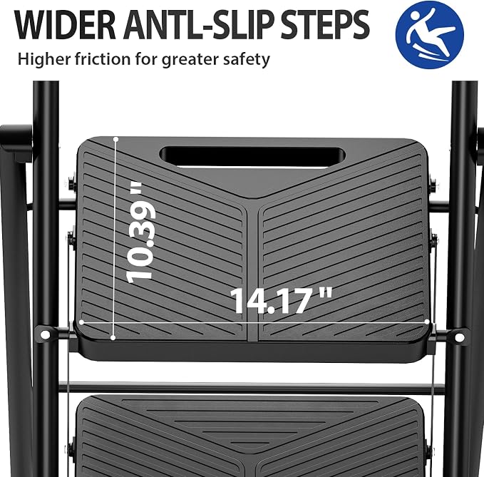 KINGRACK Folding 4 Step Ladder, Portable Ladder for Multi-Purpose, Home, Kitchen, Heavy Sturdy Steel Step Stool with Anti-Slip Wide Pedals, Handrail, Safe-Lock Design, Pass 500lbs Load Testing, Black