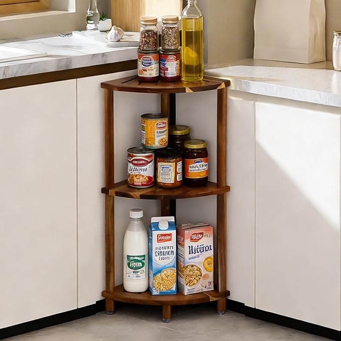 Corner Shelf Shower Caddy Stand 3 Tier for Bathroom, Space Saving Shower Organizer Corner Stand, Bathroom Shelves for Inside Shower - Home Decor & Bathroom Storage Acacia