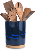 QUELIEN Utensil Holder, 360° Rotating Ceramic Kitchen Utensil Holder for Countertop, 7.7" Utensil Crock for Kitchen Counter with Rotatable Wooden Base,Ideal Housewarming Gift & Mothers Day Gift