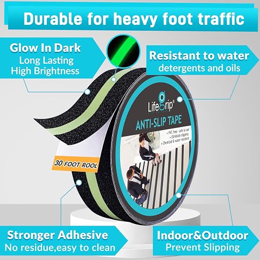 LifeGrip Anti Slip Traction Tape with Glow in Dark Green Stripe, 2 Inch x 30 Feet - Best Grip, Friction, Abrasive Adhesive for Stairs, Tread Step, Indoor, Outdoor, Black (2" X 30')