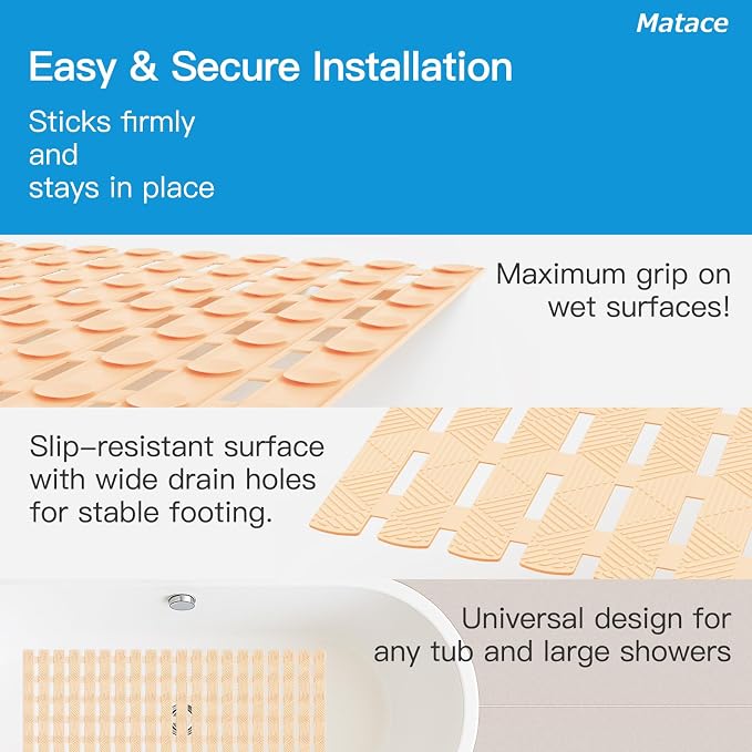 Bathtub Mat Non Slip - for Inside Bath Tub & Shower, Small 27x16 Inch, 180 Strong Suction Cups, Soft Textured Surface, Fast Drain & Quick Dry, Bathroom Safety Mat, Beige, Matace