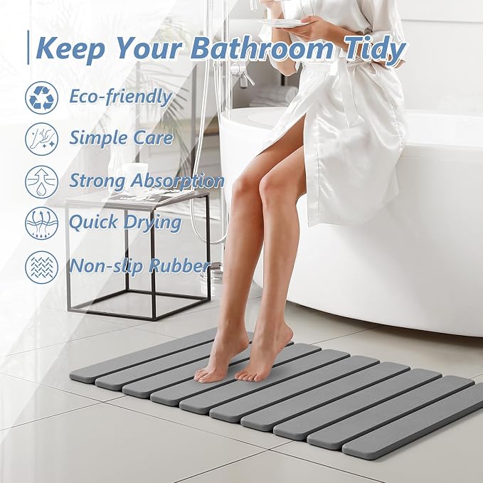 AWW Foldable Stone Bath Mat, Quick Dry Diatomaceous Earth Bath Mat with Non-Slip Mat, Super Absorbent, Easy to Clean, Compact for Small Bathrooms, 23.6 x 15.5, Grey