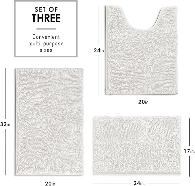 Hearth & Harbor Bathroom Rugs, Chenille Bath Mat - Machine Washable Bath Mats for Bathroom Non-Slip Backing Rubber, Quick Dry Mat - White Bath Rug, 17x24-20x32-20x24
