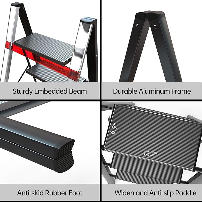 Foldable Step Ladder 3 Stepping Stool-Aluminium Kitchen Step Stools, Folding 330lbs Lightweight Ladders with Anti-Slip Wide Pedal, Portable Kids/Adults Ladder for Library, Closet, Black