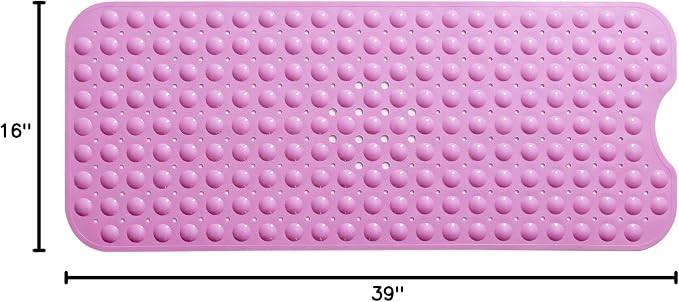 Extra-Long Non-Slip Bathtub & Shower Mat 39”x16” (Smooth/Non-Textured Tubs Only) Safe, Clean, Machine-Washable, Superior Grip&Drainage, Vinyl, Opaque Pink