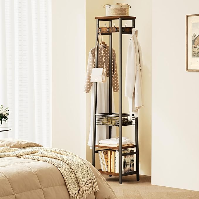 Coat Rack Freestanding, Coat Stand with Metal Basket and Storage Shelves, Hall Tree Free Standing with and 7 Hooks, Clothes Rack Stand Organizer, Rustic Brown and Black