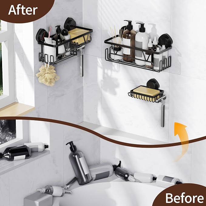 KEGII Shower Caddy Suction Cup, 3 Pack Removable Shower Shelves with Hooks & Soap Holder, No Drilling Bathroom Organizer, Waterproof Suction Storage for Inside Shower, Black