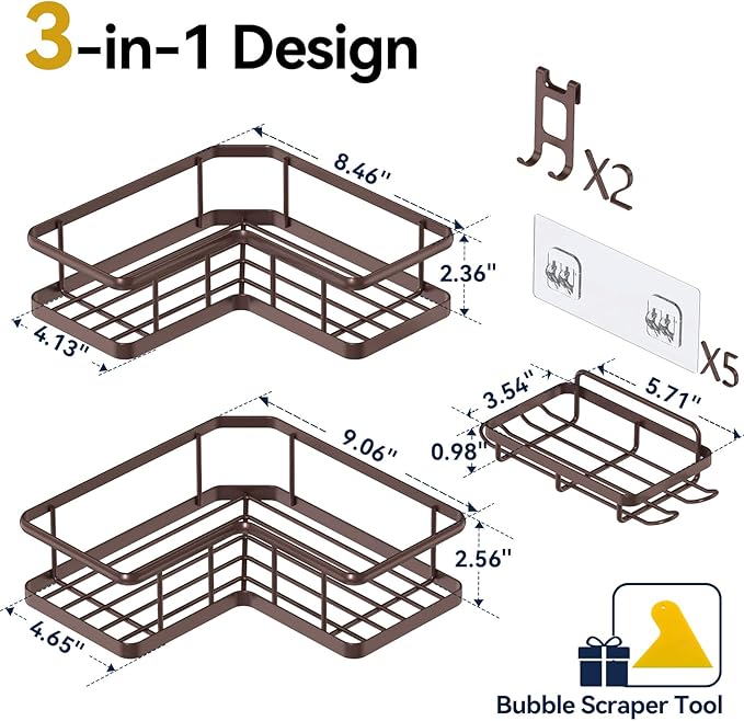 YASONIC Corner Shower Caddy Adhesive, 100% Rustproof Shower Organizer with Soap Holder, No Drill Shower Shelf for Inside Shower, Wall-Mounted Shower Storage for Homes (3 Pack, Bronze)