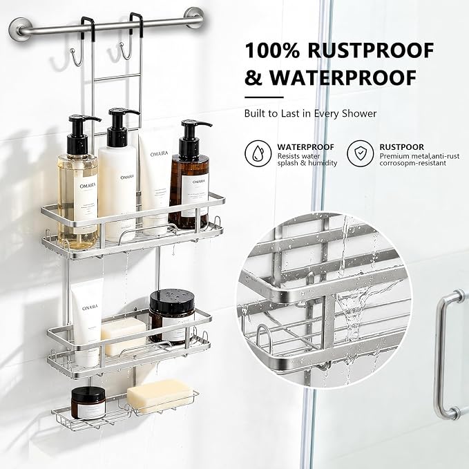 OMAIRA Over The Door Shower Caddy, 3-Tier Hanging Shower Organizer with 8 Hooks & Soap Holder, Height-Adjustable Rustproof Bathroom Shelf for Shower Door, No Drilling Storage Rack, Sliver
