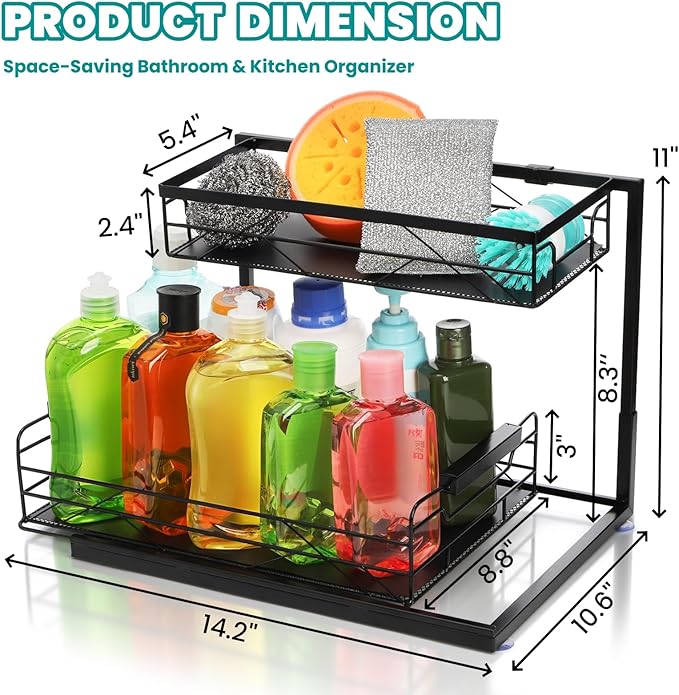 Pull Out Under Sink Organizer, 2 Tier Under Sink Storage with Suction Cups, PVC Mat, Sliding Drawer, Metal Cleaning Supplies Shelf Cabinet Organizer for Kitchen, Laundry, Pantry, Bathroom