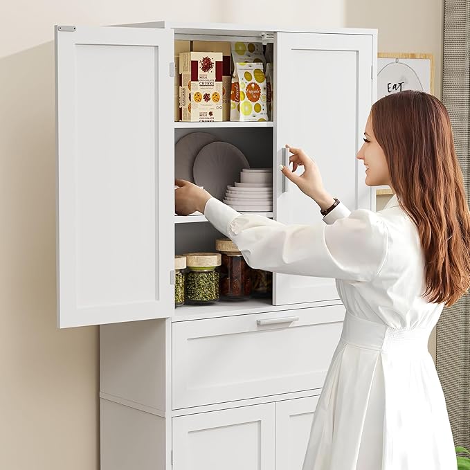 Iwell 67" Tall Storage Cabinet, Rattan Cabinet with 2 Adjustable Shelves & Large Drawer, Pantry Cabinets for Kitchen, Living Room, Home Office, Natural | Adjustable Shelf