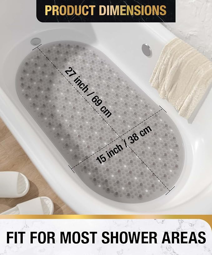 HITSLAM Non Slip Bathtub Mat, 27x15 Inch Bath Mat for Tub with Suction Cups and Drainage Holes, Machine Washable Oval Shower Mat for Kids, Seniors and Daily Use, Phthalate Free PVC, Grey
