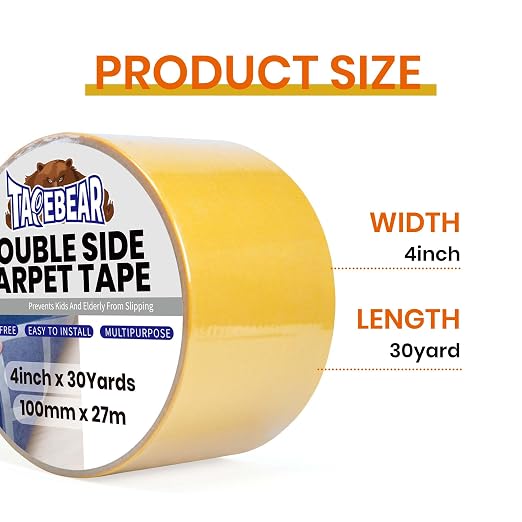TAPEBEAR Carpet Tape Double Sided 4Inch x 30Yards, Heavy Duty Rug Gripper Anti Slip Anti Curling Floor Tape Residue-Free, Two Sided, Removable, Waterproof for Area Rugs, Mats, Strong Hold for Tile