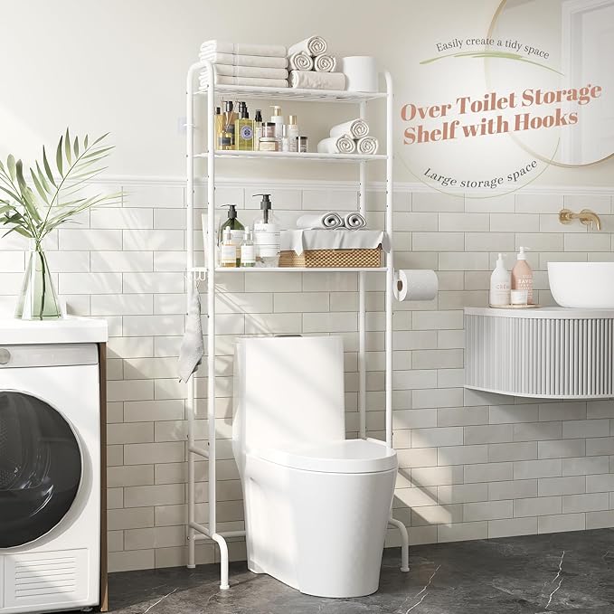STDDRE 3-Tier Over The Toilet Storage Space Saver with Paper Holder Freestanding Rack Metal Bathroom Shelves with Hooks Above The Toilet Storage Shelf (White, 3 Tier)
