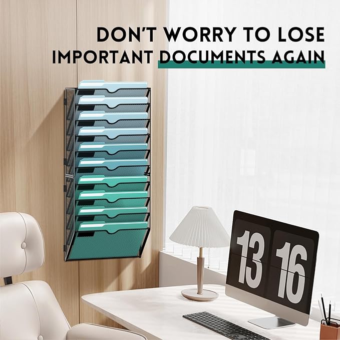 SUPEASY 10-Tier Wall File Organizer, Hanging Wall Files for Papers, Folders, Magazines, Clipboard, Wall Organizer for Office Home School Classroom, Black