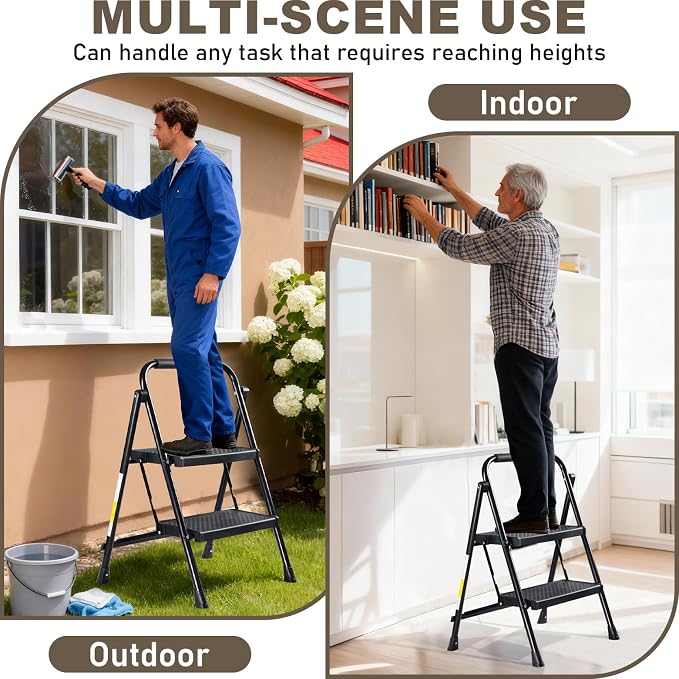 Valeo 2 Step Ladder, 2 Step Ladder for Adults with with Safe-Lock Design, Wide Anti-Slip Pedal, 500lbs Sturdy Steel Ladder, Step Stool Foldable with Cushioned Handle,Black