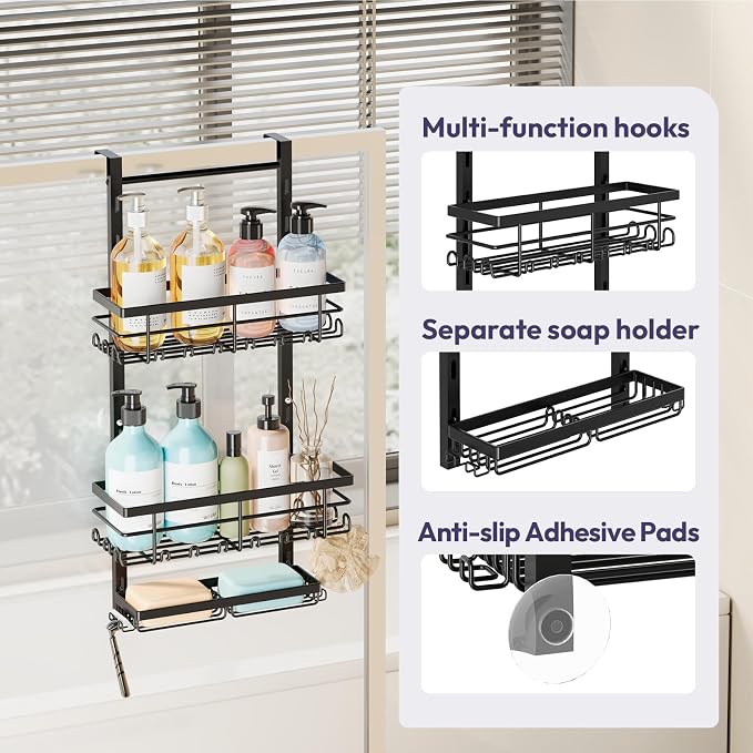 SWTYMIKI Over The Door Shower Caddy - 3 Tier Rustproof Hanging Shower Organizer with Adjustable Shelves, 28 Hooks & Soap Holder, Hanging Shower Rack Storage for Bathroom Accessories, Black