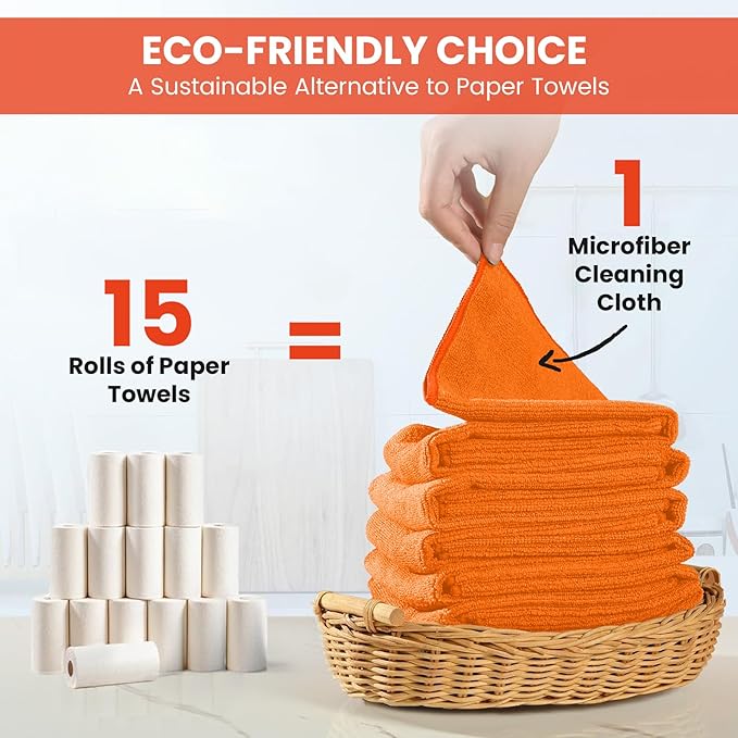 SIFANGKE Microfiber Cleaning Cloth, 12 Pack Orange Cleaning Rags for Housekeeping, Reusable Microfiber Towels for Car, Kitchen, Bathroom and Household Cleaning Supplies, 11.8"X11.8"