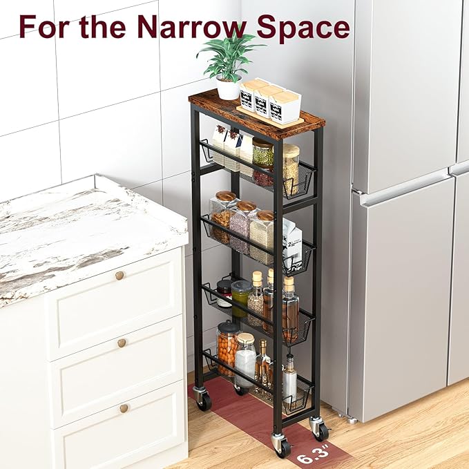 Honest Slim Storage Cart 4-Tier Slim Rolling Cart with Metal Frame and Wooden Top, 6.3 Inches, Storage Cart for Kitchen, Dining Room, Living Room, Bathroom, Home Office, Rustic Brown and Black