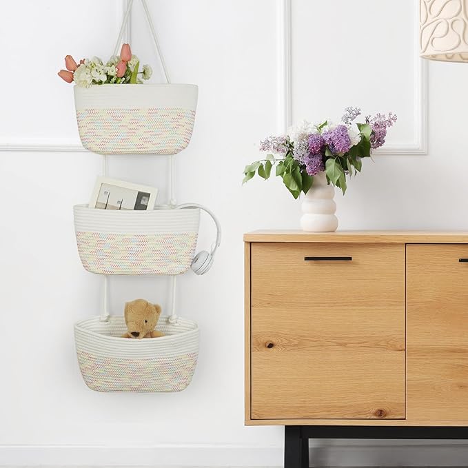 TeoKJ Over the Door Hanging Basket, 3-Tier Woven Cotton Wall-Mounted Storage Organizer Bag Decorative Hanging Nursery Baskets, White & Rainbow Stitching