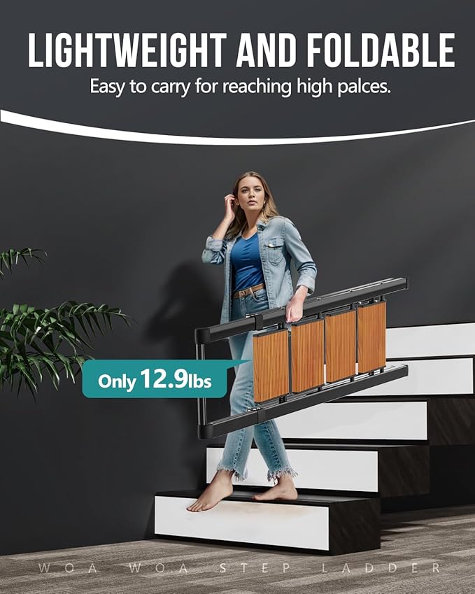 WOA WOA 4 Step Ladder, Ladders for Home, Anti-Slip Pedals, Aluminum Step Stool Foldable, Lightweight to Move, Ease of Storage, Reach 9ft for Closet Kitchen Library, Hold 300lbs - Black&Wood Grain