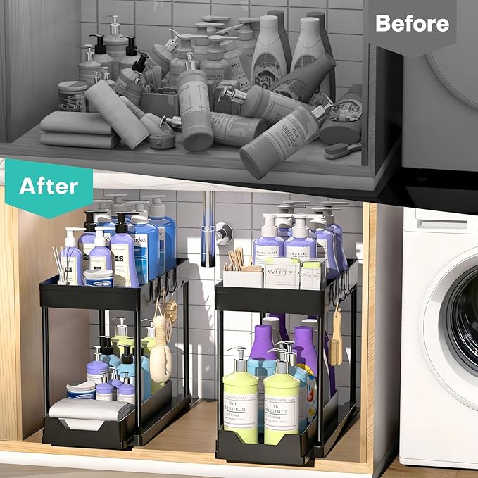 Under Sink Organizers 2 Pack, Pull-Out Sliding Cabinet Organizer with 2-Tier Storage Shelf & 4 Hooks, Multi-Purpose for Kitchen & Bathroom (13 Inch, Black)