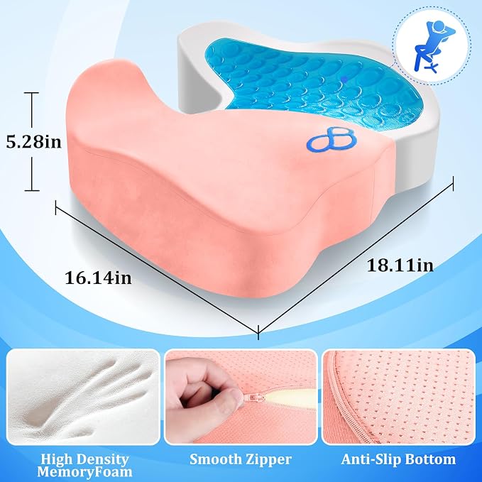 CushyOasis Seat Cushion, Chair Cushions, Office Chair Cushions, Anti-Slip Bottom & Removable Cover Tailbone Pain Relief Cushion, Memory Foam Seat Cushion, 5.28 in Thick (Pink)