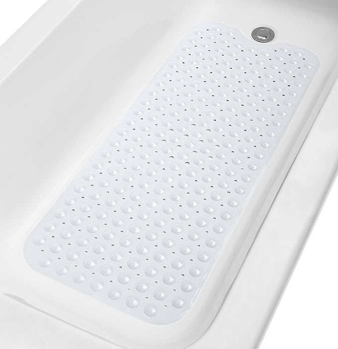 Extra-Long Non-Slip Bathtub & Shower Mat 39”x16” (Smooth/Non-Textured Tubs Only) Safe, Clean, Machine-Washable, Superior Grip&Drainage, Vinyl, Opaque White