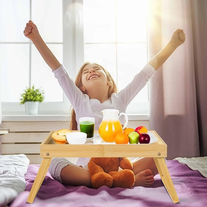 Bamboo Bed Tray Table with Folding Leg, Breakfast in Bed Tray for Eating,TV Table, Laptop Computer,Snack,Sofa or Working, Laptop Desk (1, Beige)