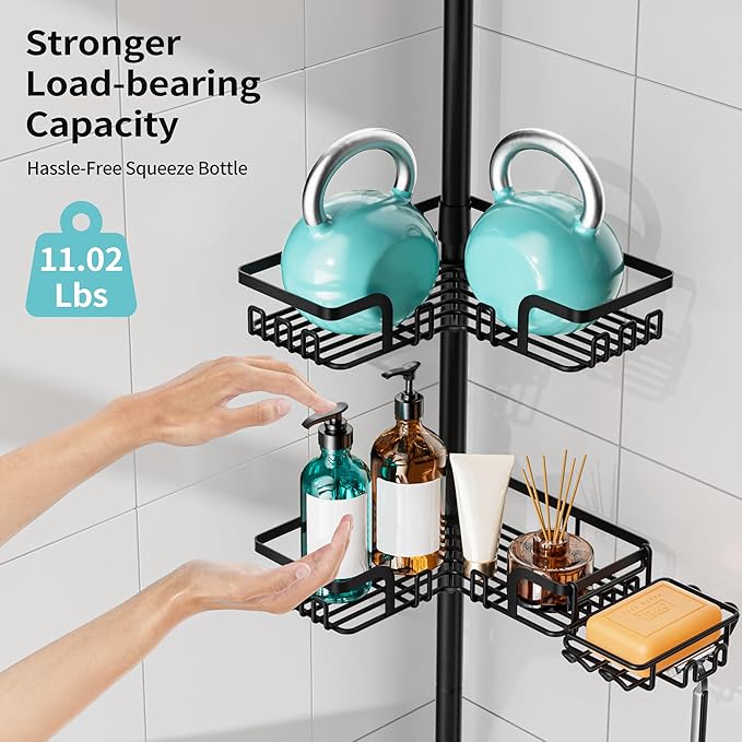 KEGII Shower Caddy Tension Pole, with 2-in-1 Soap Holders x 2 & 32 Hooks, Stainless Steel Adjustable Corner Shower Organizer for Bathroom, 25–114.2 Inches, Black