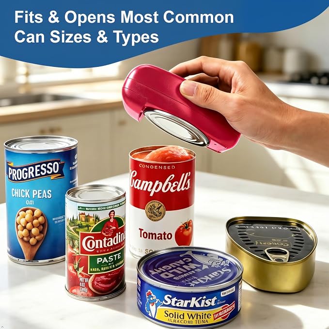 Electric Can Opener with LED Digital Display, USB Rechargeable, One-Touch Automatic, Hands-Free, Smooth Edge, Compact Cordless Opener for Seniors (Red)
